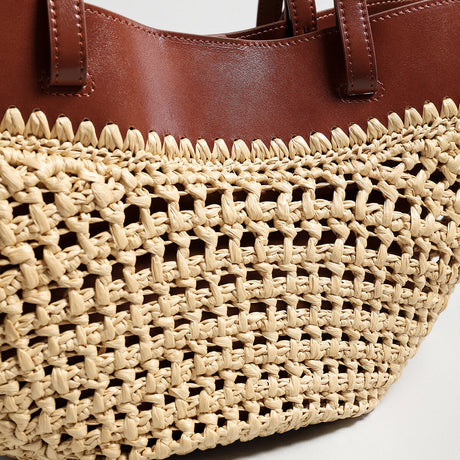 Handwoven Straw Leather Tote Bag - Brown