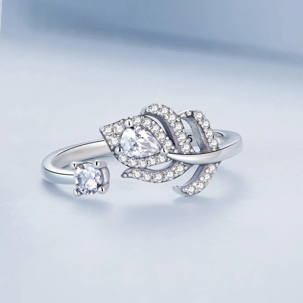 Adjustable Solid 925 Sterling Silver Crystal Feather Open Cut Ring