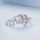 Adjustable Solid 925 Sterling Silver Crystal Feather Open Cut Ring