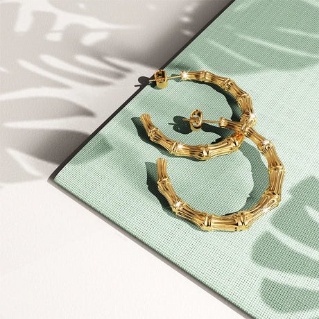 Bullion Gold Bamboo Connector Hoop Gold Layered Earrings