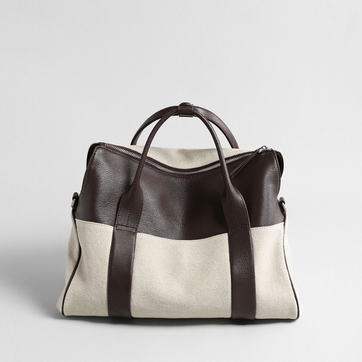 Canvas & Leather Curved-Top Satchel - Ivory