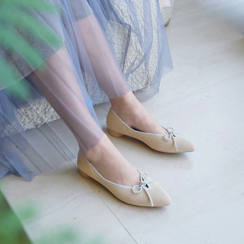 Rhinestone Bow Ballet Flats - Beige