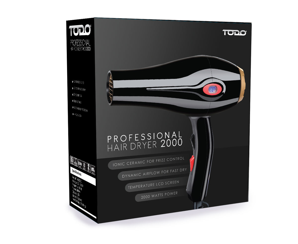TODO 2000W Ionic Ceramic Anti Frizz Hair Dryer Digital Temperature Lcd Blue