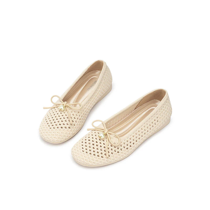 Pearl Bow Heart Mesh Knit Round Toe Wedge Flats - Ivory