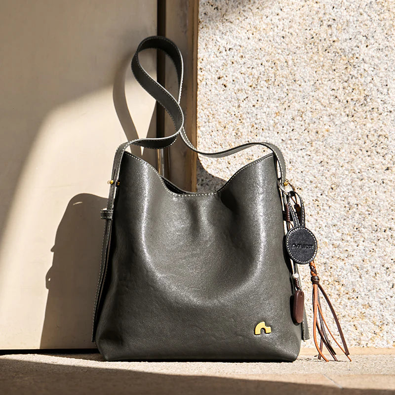 Nalandu Vintage Leather Large Capacity Tote Bag - Charcoal