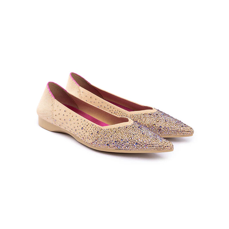 Rhinestone Knit Pointed Toe Ballet Flats - Apricot
