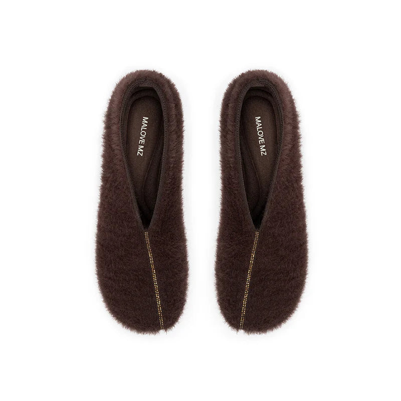 Fuzzy Round Toe Block Heel Pumps - Chocolate