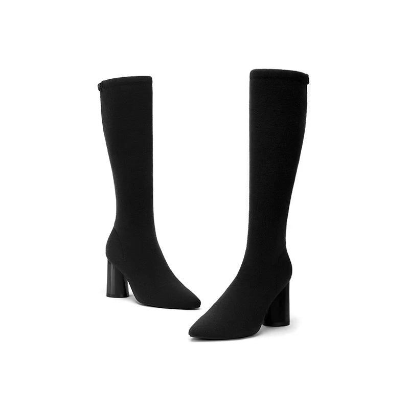 Pointed Toe Block Heel Stretch Knee High Boots - Black