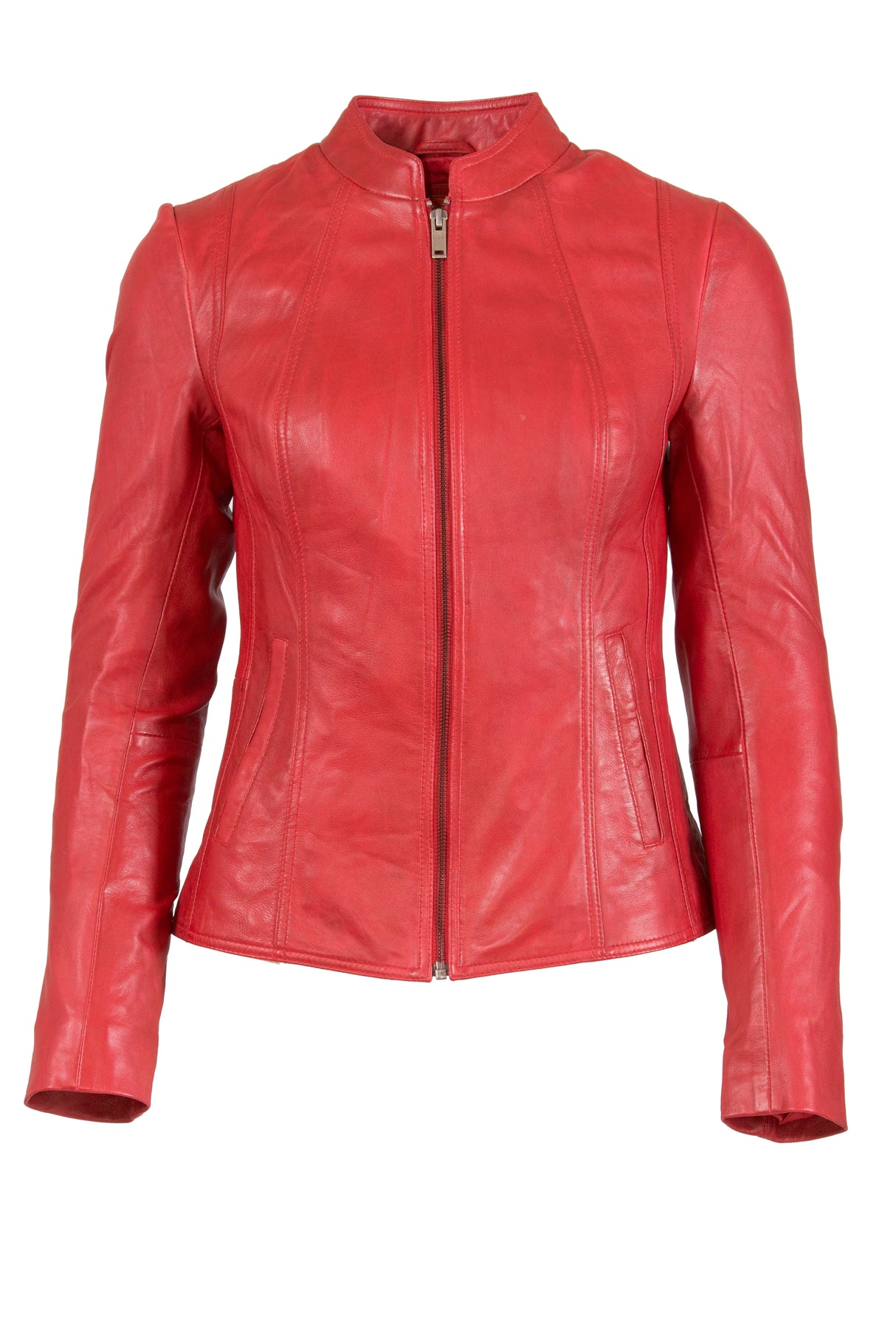 Womens Leather Stand Up Collar Jacket in Red