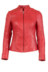 Womens Leather Stand Up Collar Jacket in Red