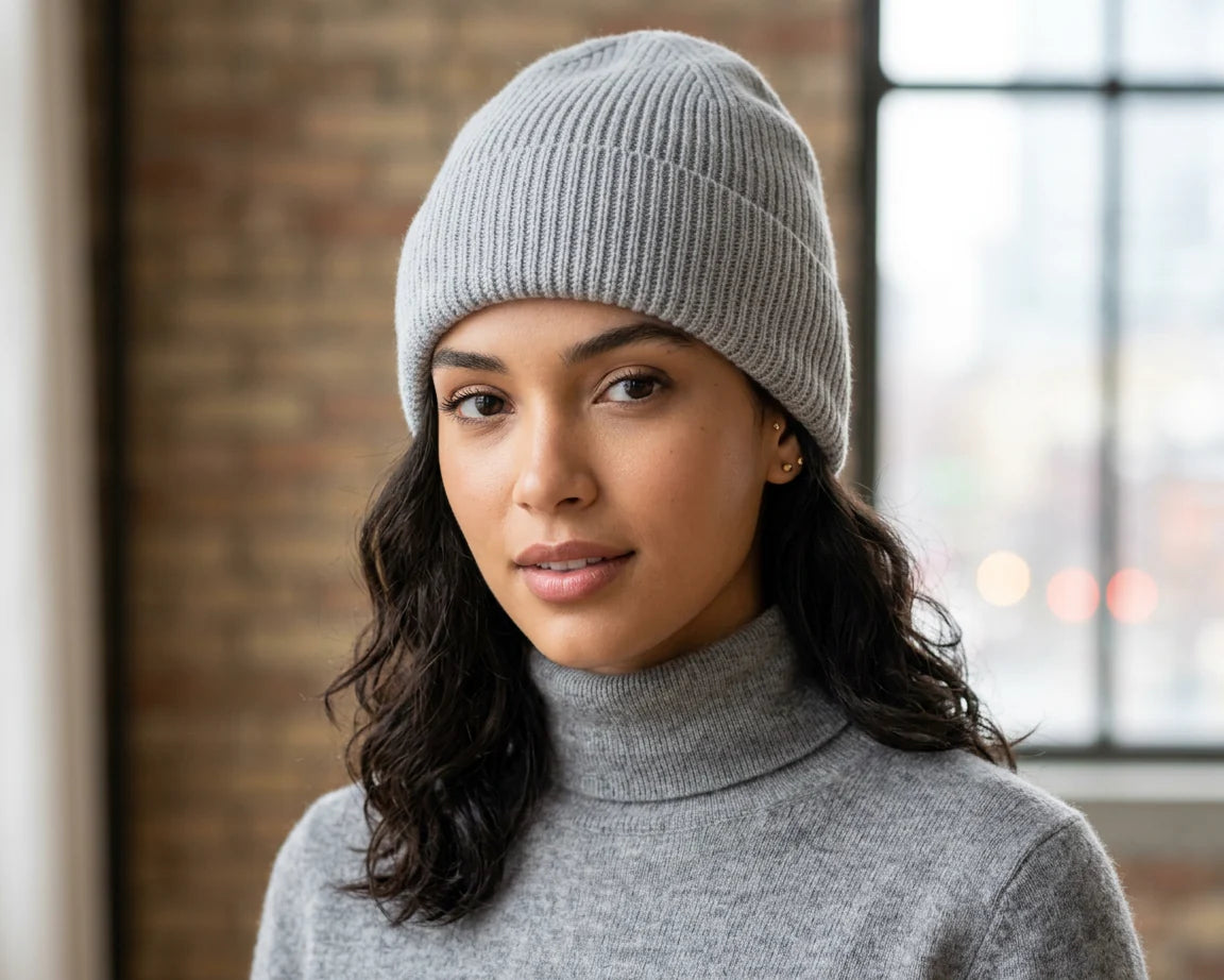 Cherry Red Cuff Beanie - Grey