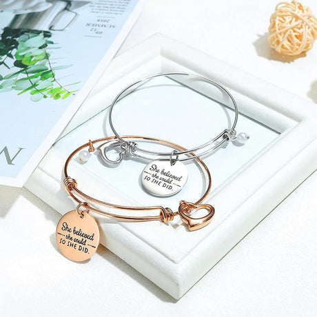 Bullion Gold She Believed She Could Heart Charm Rose Gold Layered Tubular Adjustable Inspirational Bangle