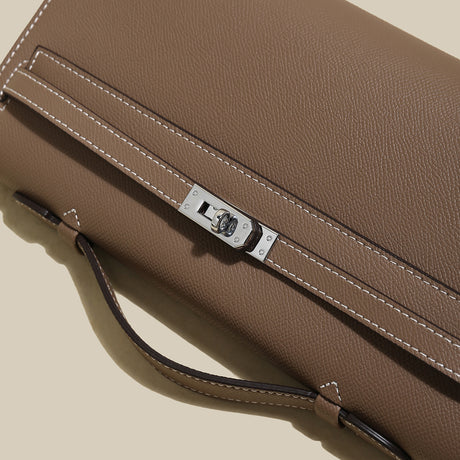 Structured Saffiano Leather Top-Handle Clutch - Taupe