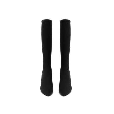 Pointed Toe Block Heel Stretch Knee High Boots - Black