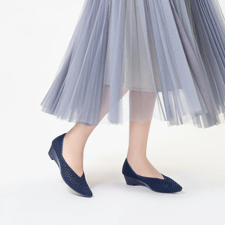 Open Weave Pointed Toe Wedge Work Shoes - Navy