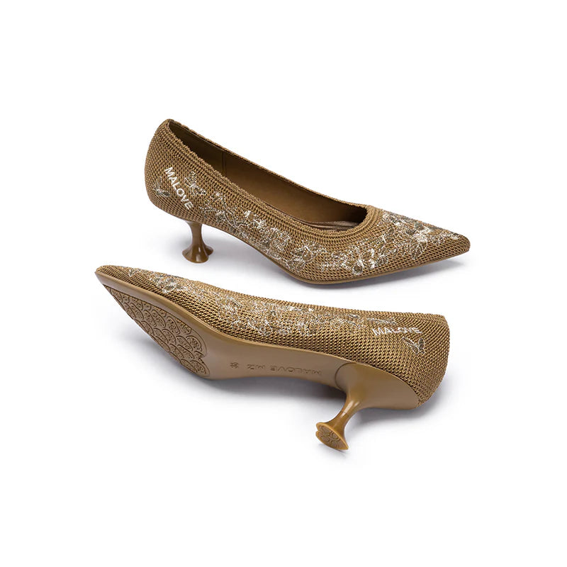 Enchanted Butterfly Pointed Toe Kitten Heels - Tan