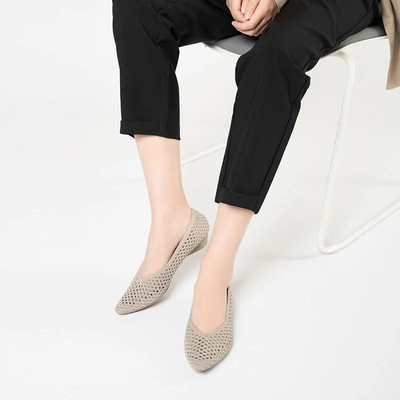Heart Mesh Knit Pointed Toe Wedge Pumps - Taupe