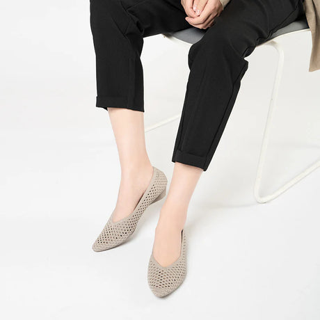 Heart Mesh Knit Pointed Toe Wedge Pumps - Taupe