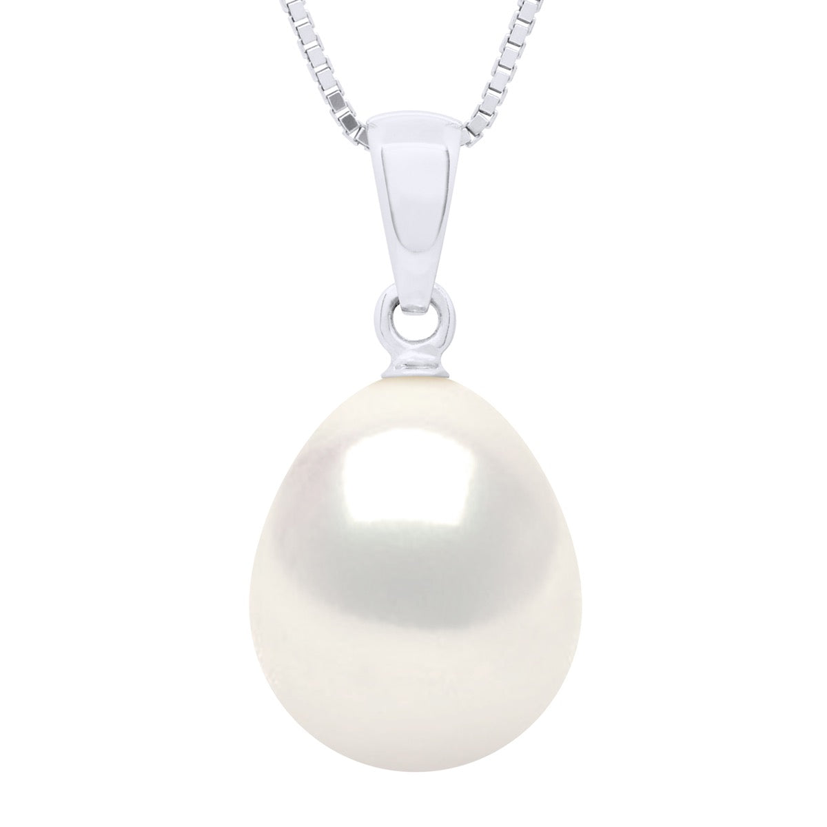 Beaded Pendant Solid Articulated In White Gold 750 and Real Cultured Freshwater Pearl Pear 10-11 mm - Natural Pearl White - Longueur 42 cm