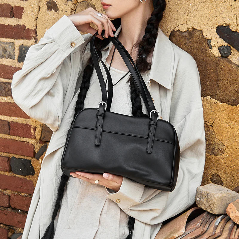 Nalandu Vintage Leather Bowling Bag - Black
