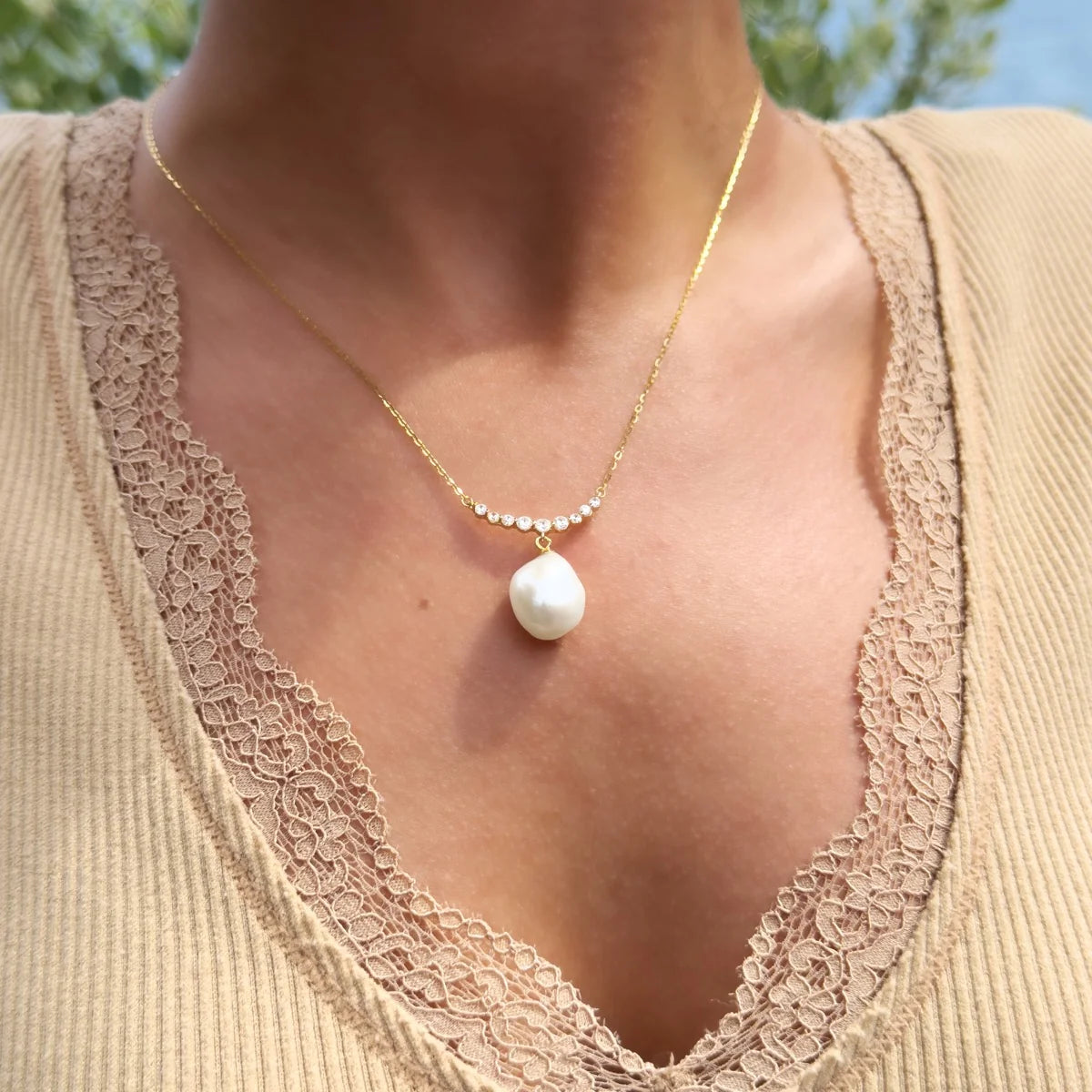 Necklace Baroque Baroque Freshwater Pearl White Yellow Gold 12mm