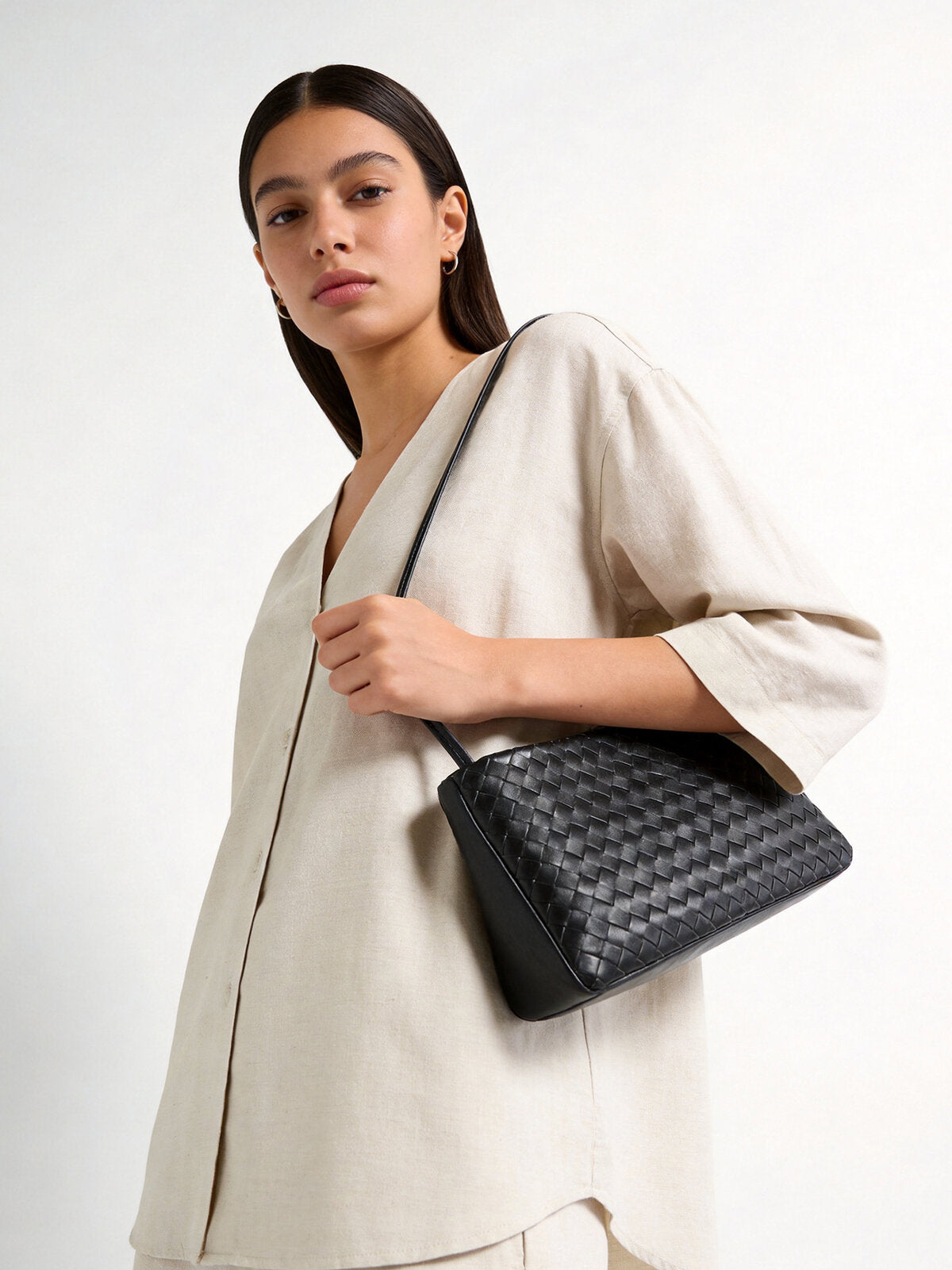 Woven Lambskin Shoulder Bag - Black