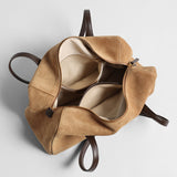 Suede Leather Structured Pillow Tote Bag - Camel