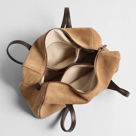 Suede Leather Structured Pillow Tote Bag - Camel