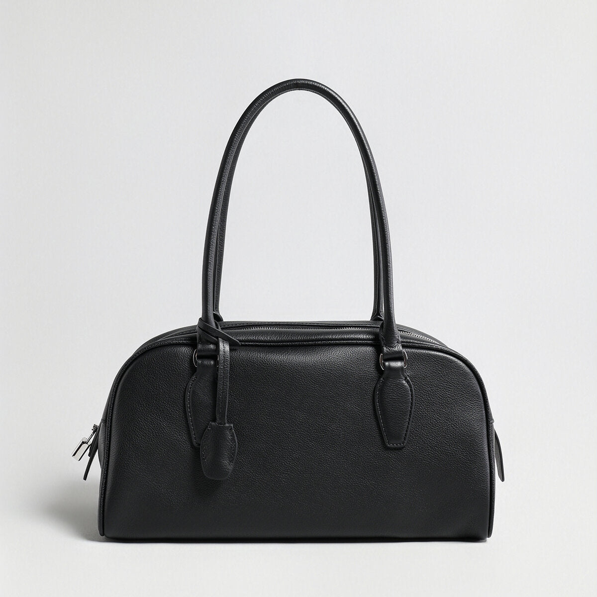 Pebbled Leather Bowling Bag with Padlock Detail - Black