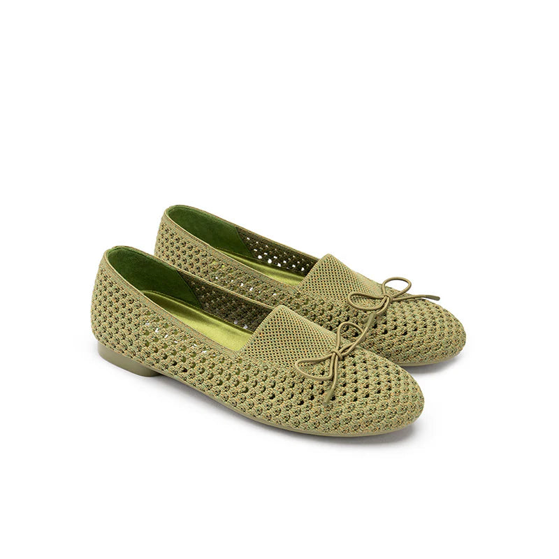 Bow Hollow Mesh Knit Round Toe Low Heel Flats - Avocado