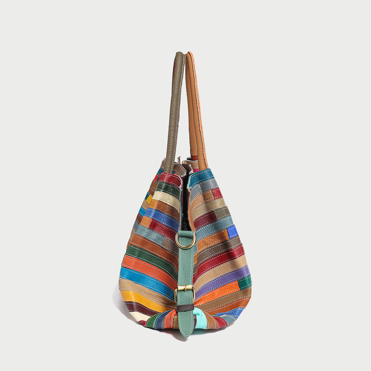 Multicolor Brick Patchwork Large Leather Tote Bag - Rainbow