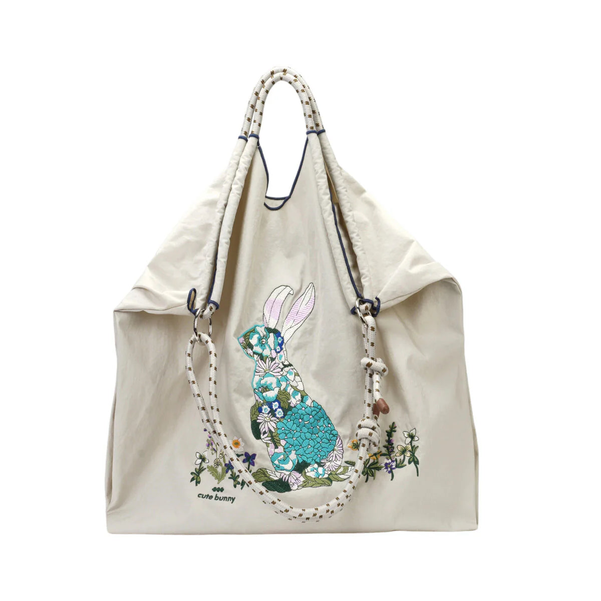 BAMEI Recycled Nylon Tote Bag with Floral Bunny Embroidery & Braided Rope Strap - Ivory