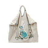 BAMEI Recycled Nylon Tote Bag with Floral Bunny Embroidery & Braided Rope Strap - Ivory