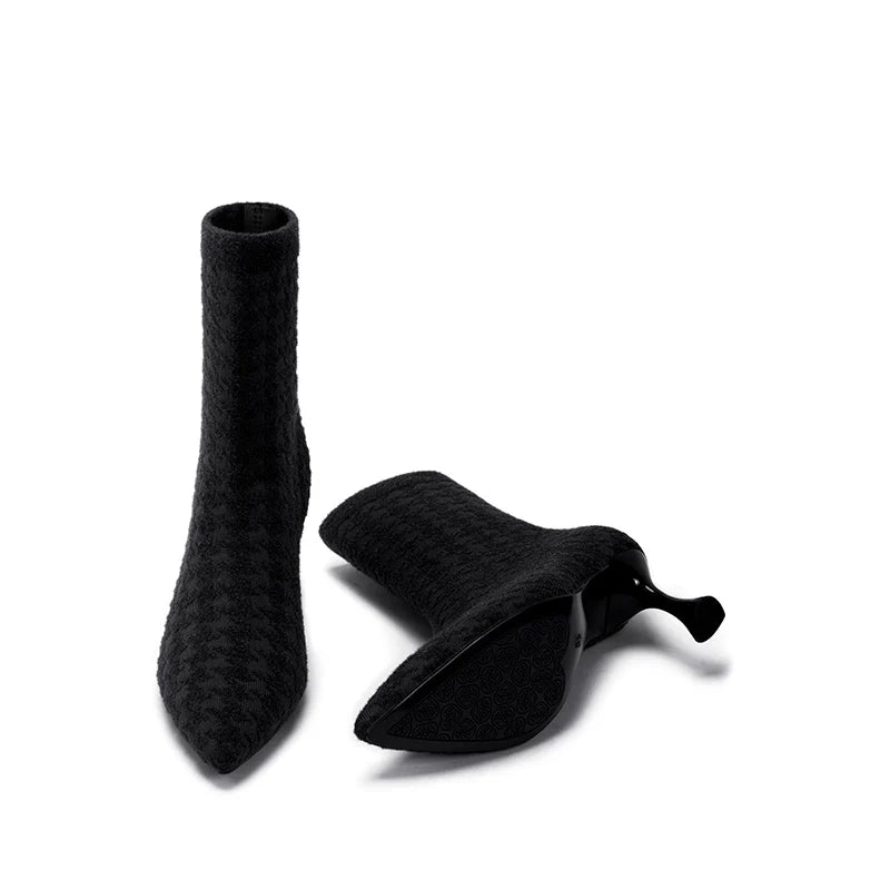 Pointed Toe Stiletto Heel Stretch Ankle Boots - Black
