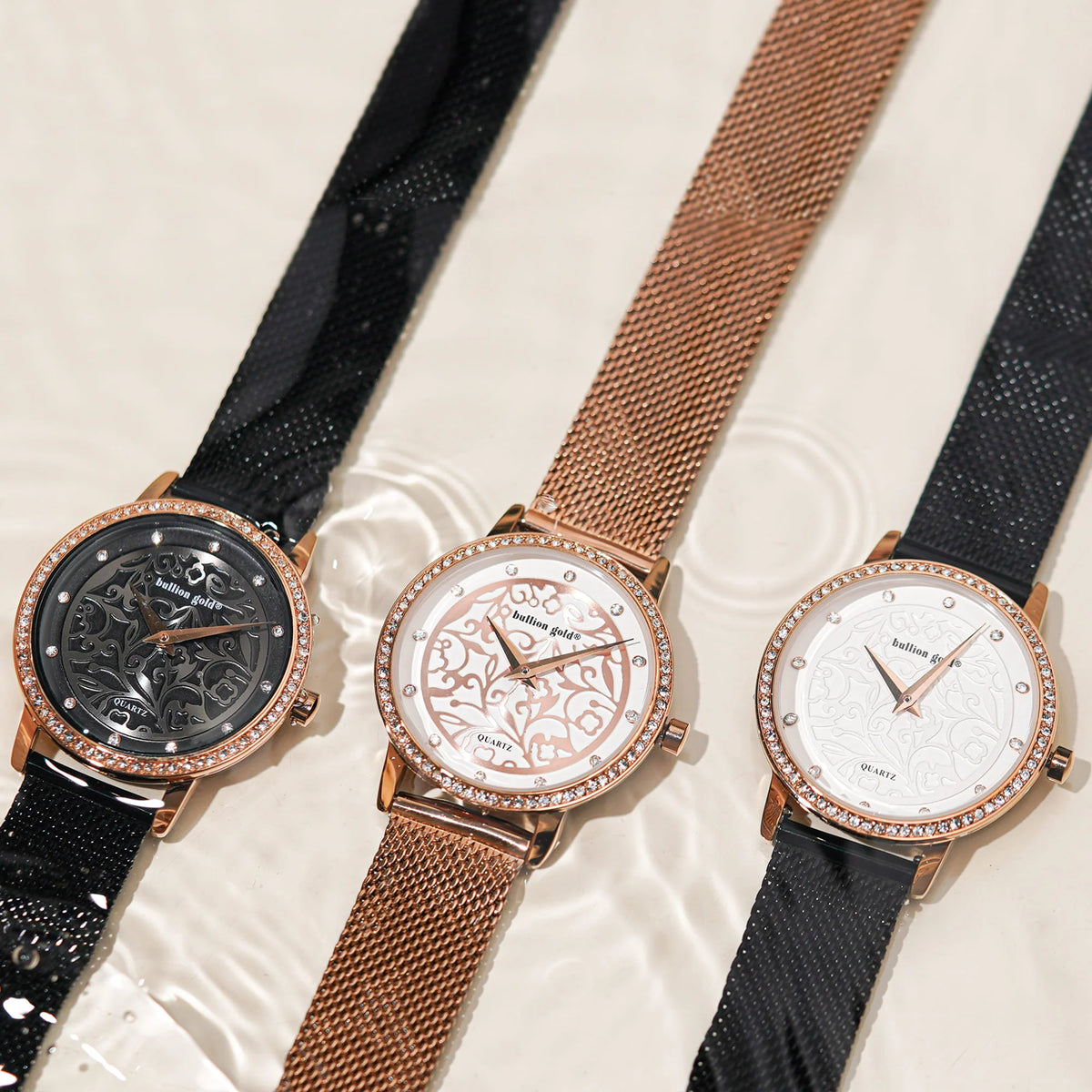 Boxed Bullion Gold Elite watch and Bracelet Set Embellished with Crystals in Rose Gold