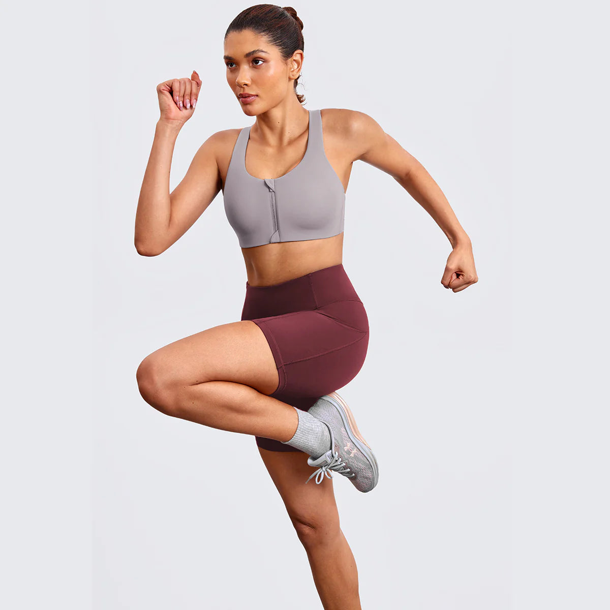 Power On Soft Padded High Impact Zip Front Sports Bra - Grey