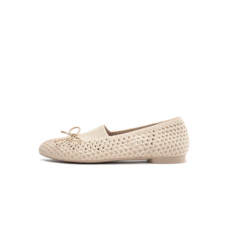 Bow Hollow Mesh Knit Round Toe Low Heel Flats - Beige