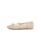 Bow Hollow Mesh Knit Round Toe Low Heel Flats - Beige