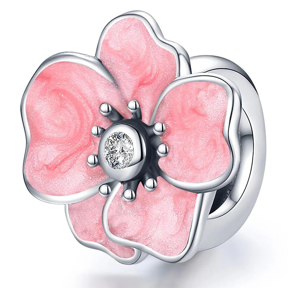 Solid 925 Sterling Silver Inlay Pink Floral Pandora Inspired Charm