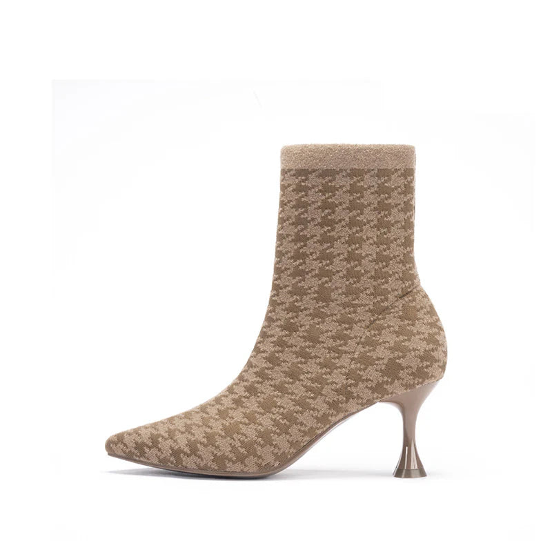 Pointed Toe Stiletto Heel Stretch Ankle Boots - Mocha