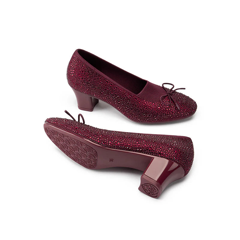 Rhinestone Bow Knit Round Toe Block Heel Pumps - Wine