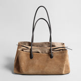 Suede Leather Triple-Compartment Tote Bag - Camel
