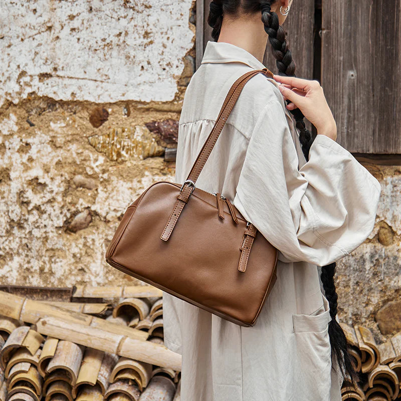 Nalandu Vintage Leather Bowling Bag - Camel