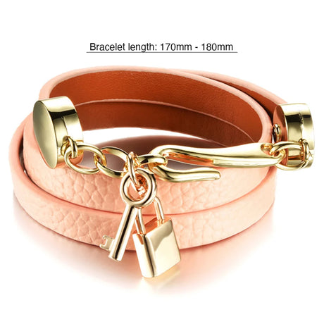 Genuine Cow Leather Wrap Bracelet With 18K Gold Lock & Key Charm