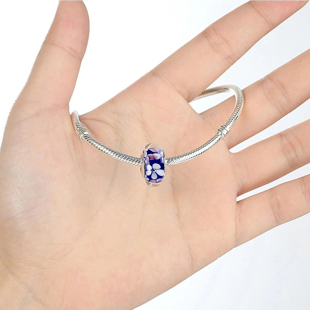Solid 925 Sterling Silver Pink and White Blossom Inclusion Murano Glass Charm