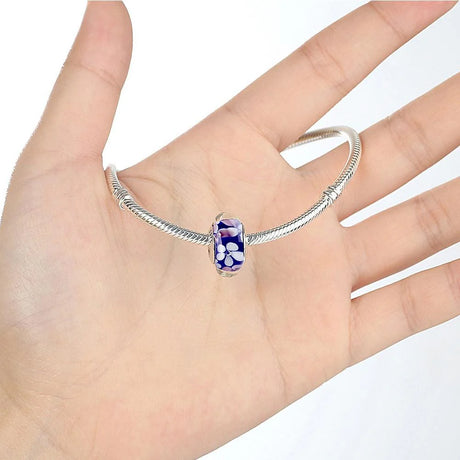 Solid 925 Sterling Silver Pink and White Blossom Inclusion Murano Glass Charm