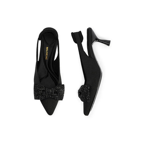 Rhinestone Bow Slingback Kitten Heels - Black