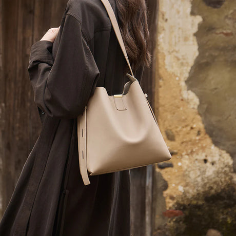 Nalandu Minimalist Genuine Leather Bucket Shoulder Bag - Taupe