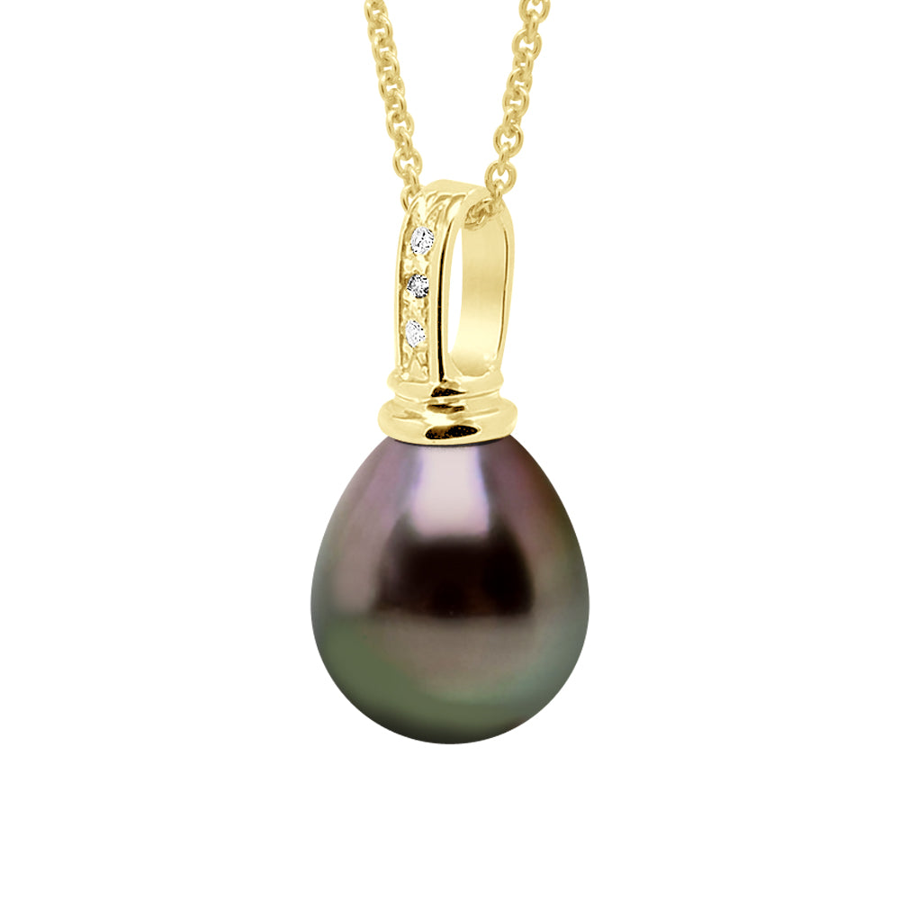 Pendant Prestige Yellow Gold 375 & Diamond 0.03 Cts (3 X 0,01 Cts) -Real Cultured Tahiti Pearl Pear 10-11 mm - Longueur 18 cm