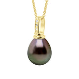 Pendant Prestige Yellow Gold 375 & Diamond 0.03 Cts (3 X 0,01 Cts) -Real Cultured Tahiti Pearl Pear 10-11 mm - Longueur 18 cm